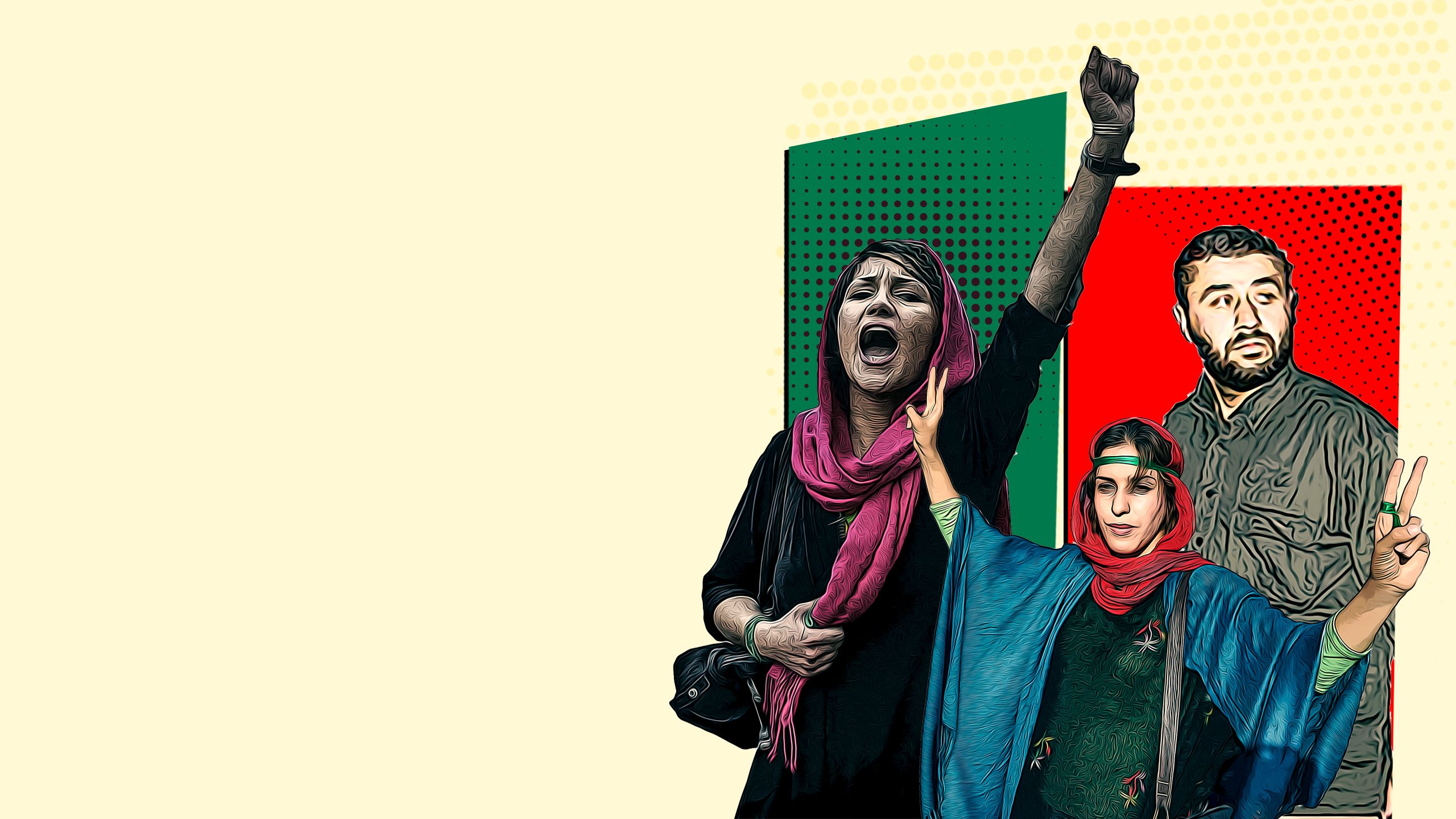 تصویرسازی مهدی نوروزی و دو زن با سربند و دستبند سبز در اعتراضات سال ۱۳۸۸